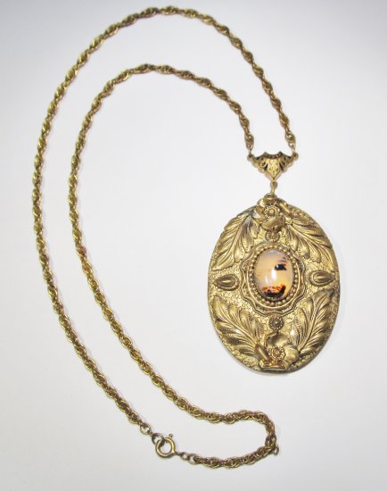 Antique Moss Agate & Brass Floral Pendant Necklace WC-408 - Click Image to Close