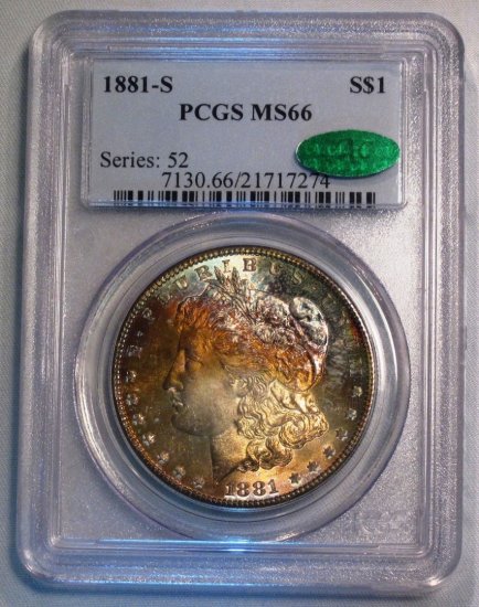 Morgan Dollar 1881-S PCGS MS 66 CAC Rainbow Toned Coin WDEB-10 - Click Image to Close