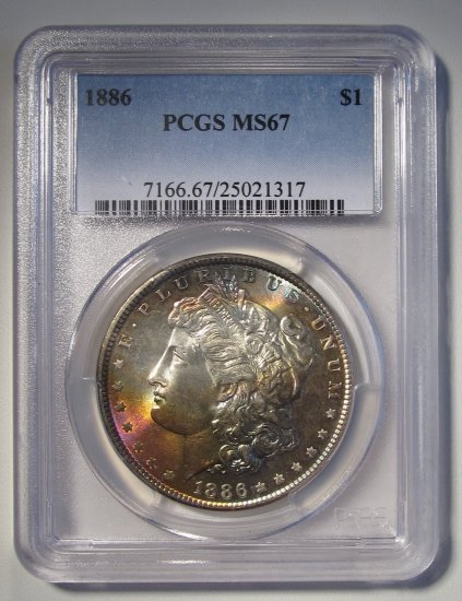 Morgan Dollar 1886 PCGS MS 67 Rainbow Toned Silver Coin WDEC-02 - Click Image to Close