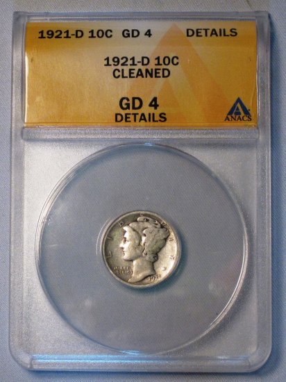 Mercury Dime 1921-D ANACS GD 4 Key Date US Silver Coin WDEC-08 - Click Image to Close