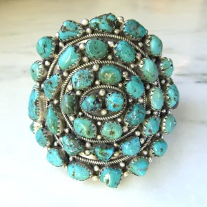 Vintage Navajo Huge Turquoise Cluster Sterling Silver Cuff Bracelet front view