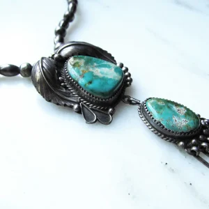 Estate Navajo Sterling Silver Bead & Turquoise Stone Pendant Necklace Handmade ETC424
