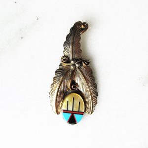Estate Navajo Inlay Sterling Silver Gold Vermeil Necklace Pendant Convertible Brooch ETC944