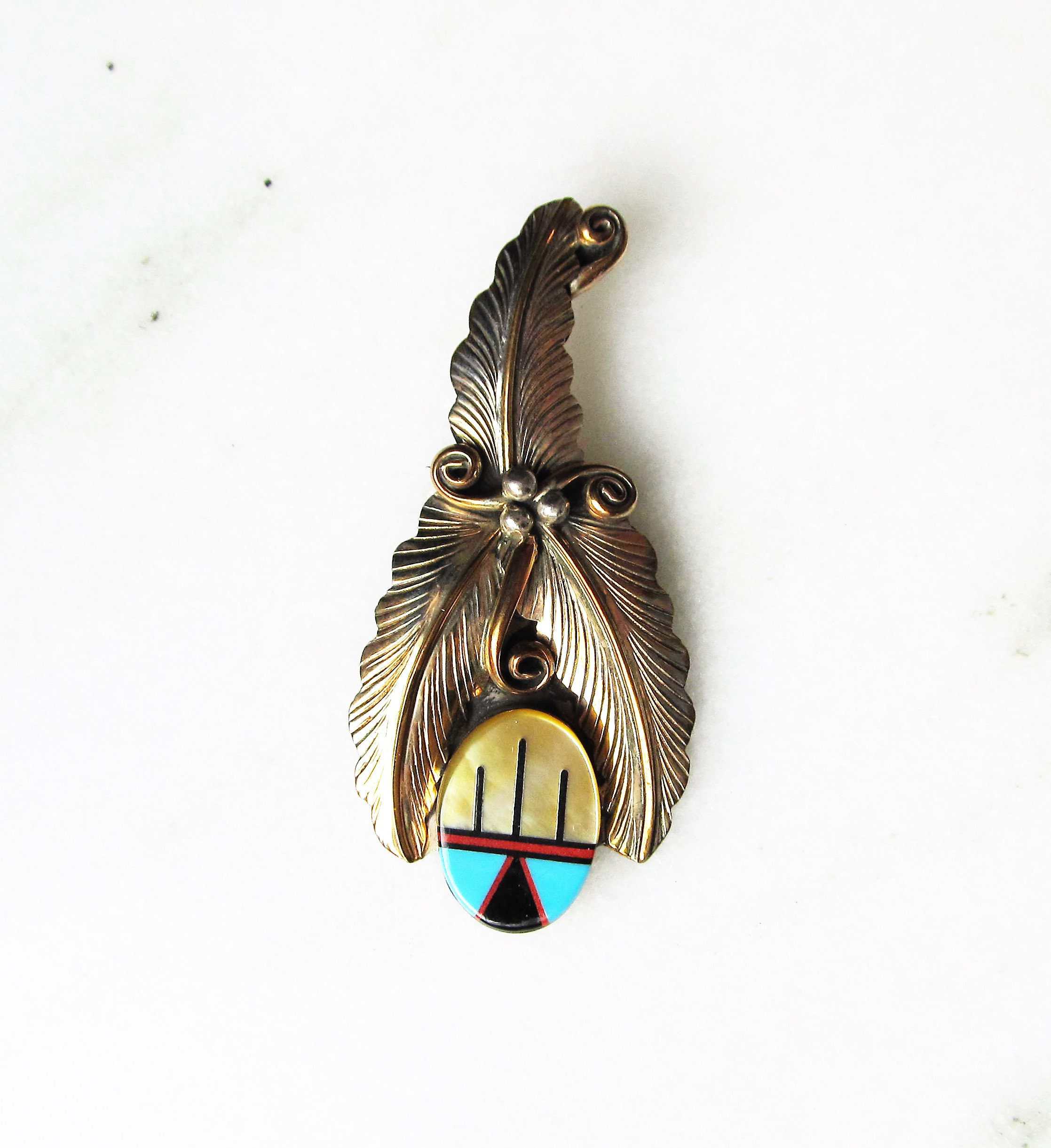 Estate Navajo Inlay Sterling Silver Gold Vermeil Necklace Pendant Convertible Brooch ETC944
