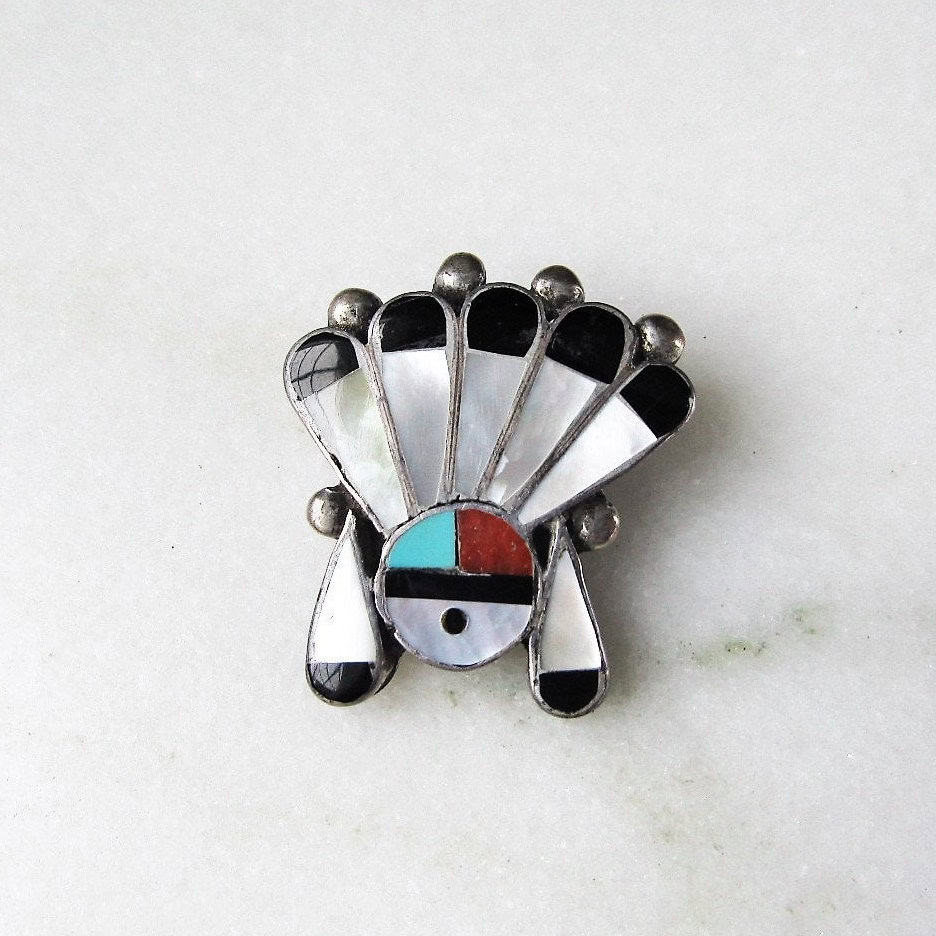 Estate Zuni Sungod Sterling Silver Multi Stone Inlay Brooch Pin ME1 ETC2227
