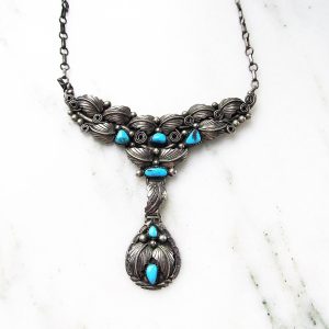 Vintage Navajo Sterling Silver & Turquoise Handmade Pendant Necklace ETC3620