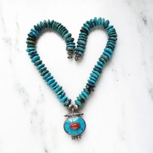 Vintage Navajo Pawn Reconstituted Turquoise Disc Bead Pendant Handmade Necklace ETC3791