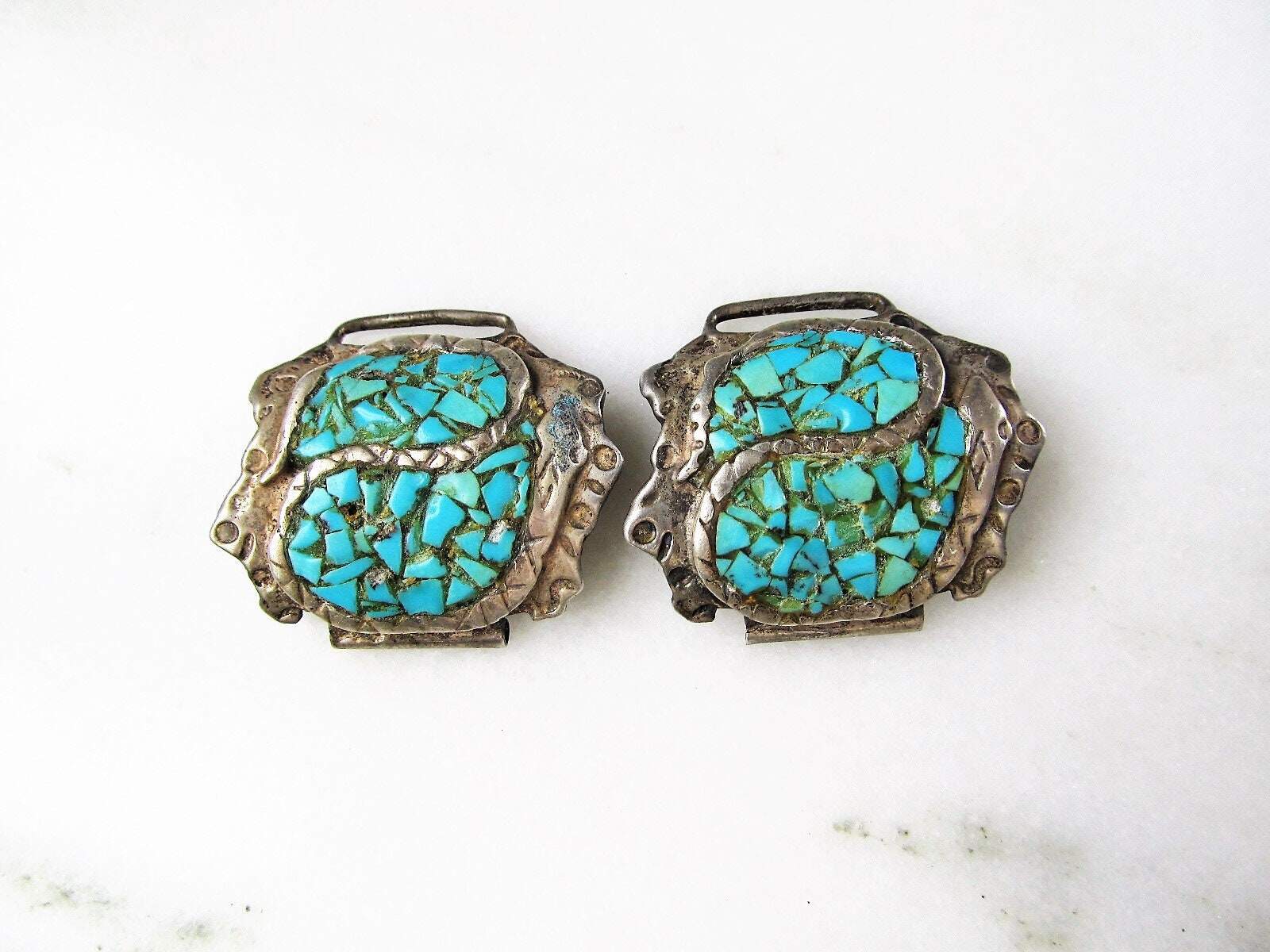 Vintage Old Pawn Snake Navajo Turquoise Chip Watch Tips Sterling Silver Handmade ETC3793