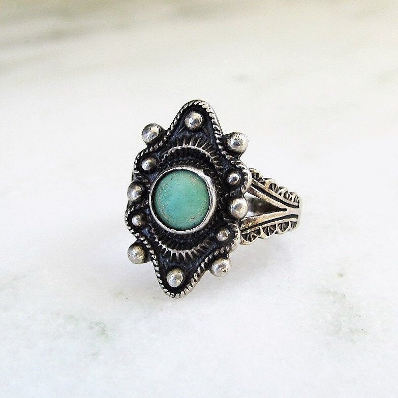 Vintage Navajo Green Turquoise Sterling Silver Fred Harvey Era Ring Split Shank ETC5063