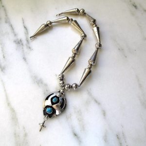 Vintage Navajo Sterling Silver Bench Bead Turquoise Shadowbox Pendant Handmade Necklace ETC7252
