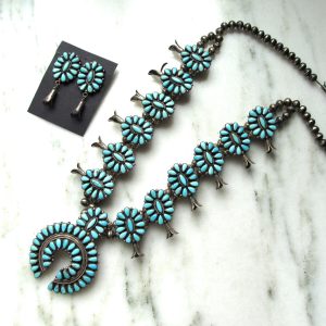Vintage Native American Zuni Petit Point Turquoise Squash Blossom Necklace & Earrings Set ETC9447