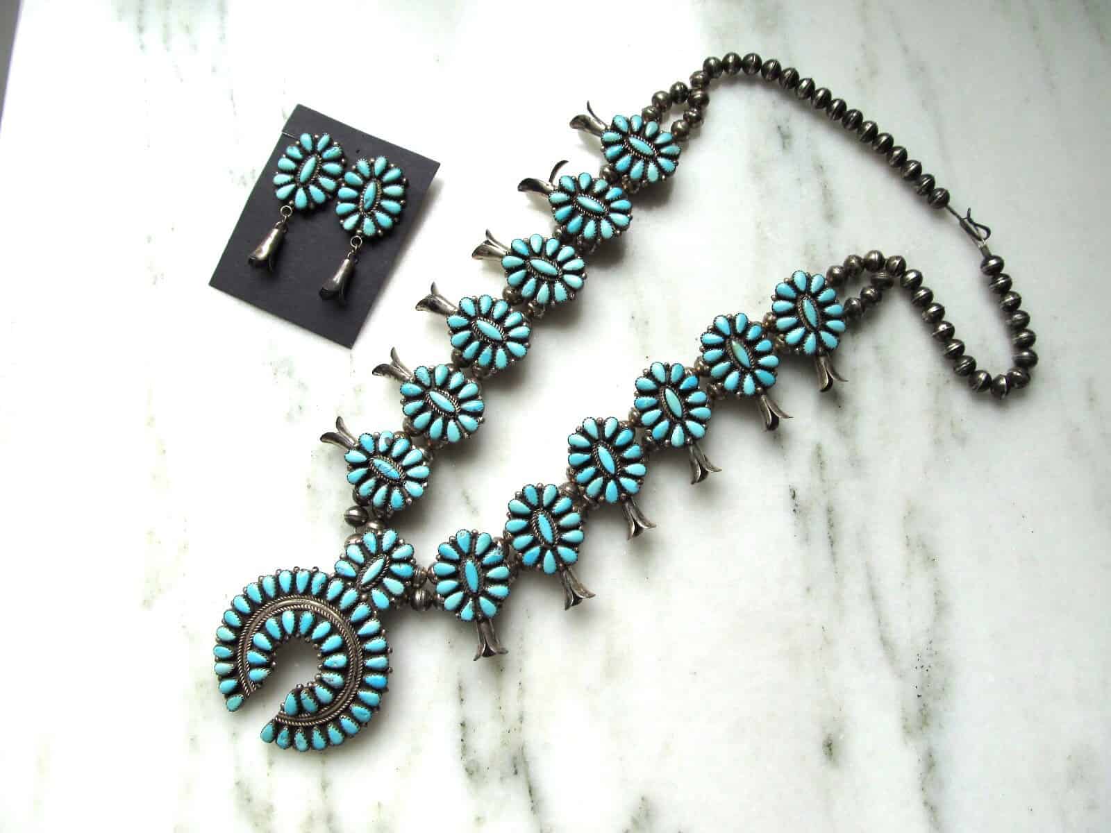 Vintage Native American Zuni Petit Point Turquoise Squash Blossom Necklace & Earrings Set ETC9447