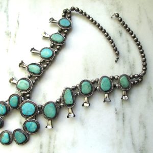 Vintage Navajo Turquoise Sterling Silver Squash Blossom Necklace & Ring Set ETC9413