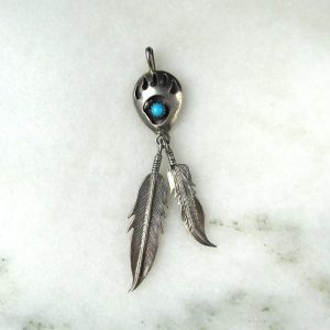 Vintage Navajo Sterling Silver Running Bear Turquoise Shadowbox Necklace Pendant ETC9419