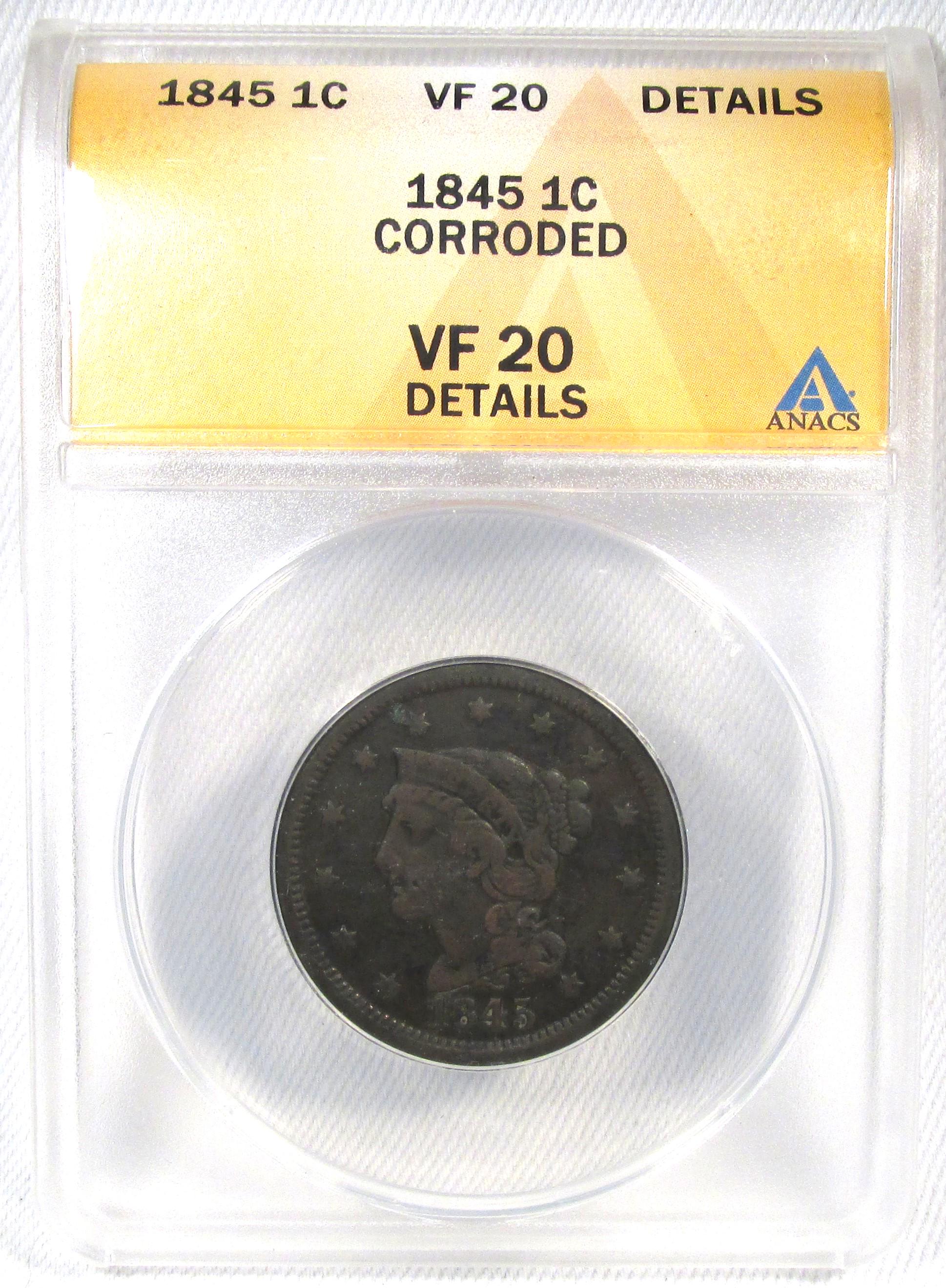 1845 Coronet Large Cent ANACS VF20 Details AQ398