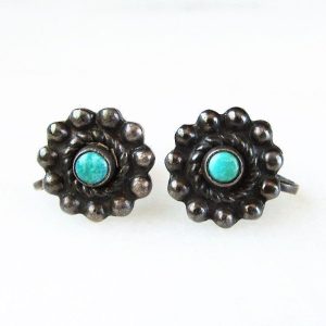 Estate Navajo Green Turquoise Sterling Silver Screw Back Earrings ETC1864