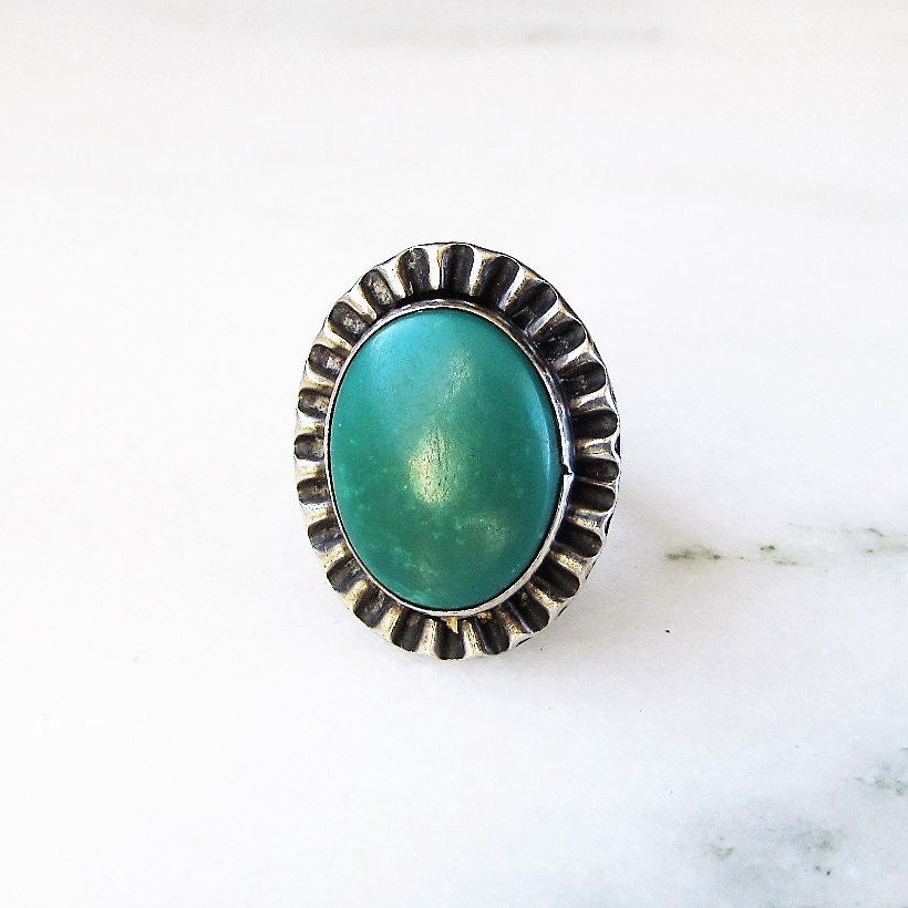 Navajo Green Turquoise Sterling Silver Ring Vintage Handmade ETC2748