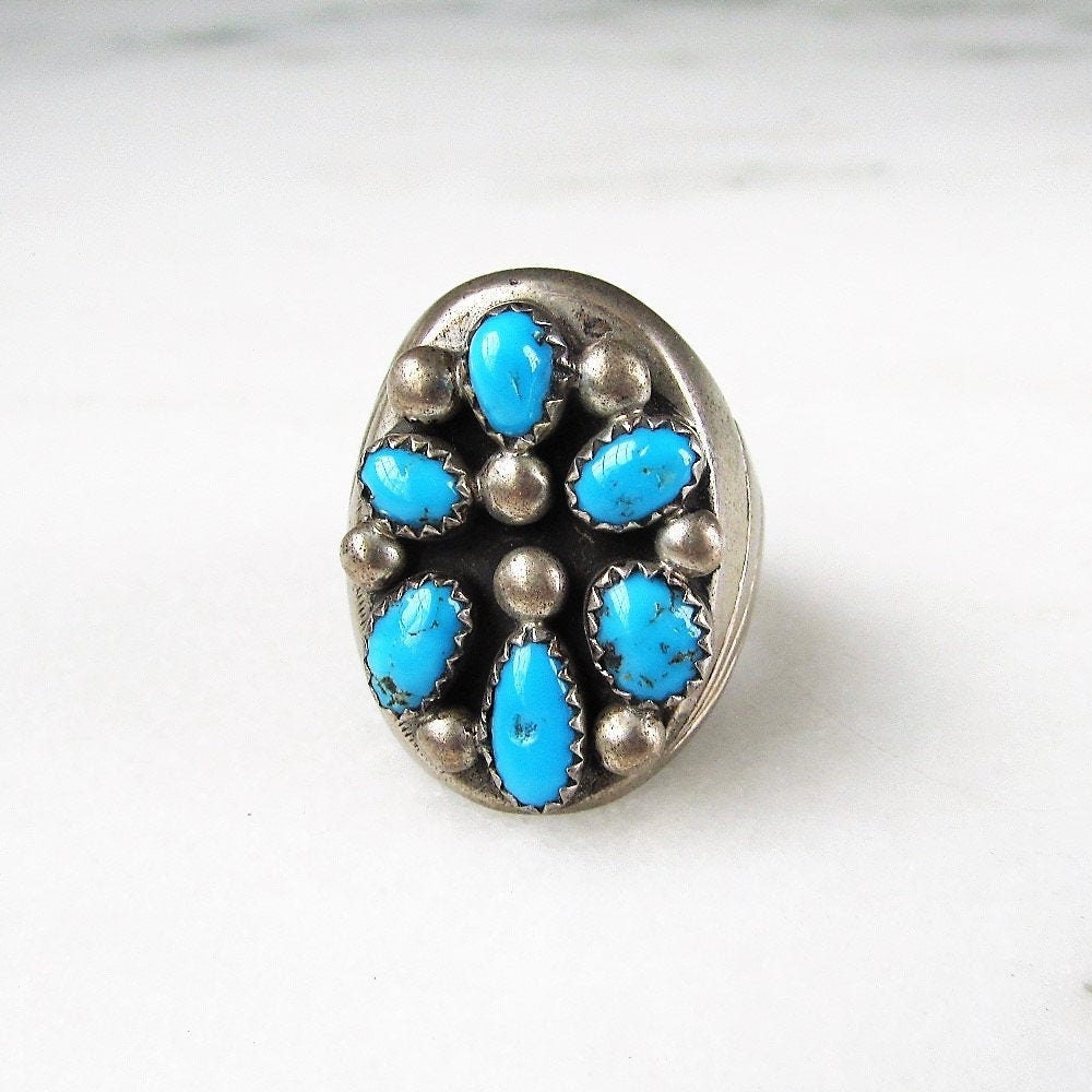 Vintage Navajo Turquoise Cluster Sterling Silver Ring ETC3438
