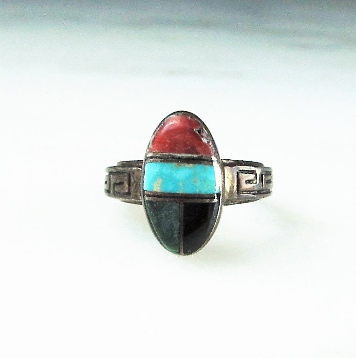 Vintage Teme Navajo Coral Turquoise Onyx Inlay Sterling Silver Handmade Ring ETC3927