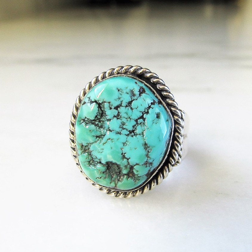 Vintage Large Navajo Chunk Turquoise Nugget Mens Ring Handmade ETC4703