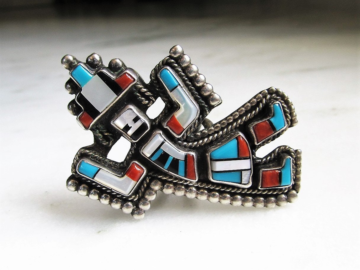 Antique Estate HOPI Native American Kachina Doll Multi Stone Sterling Silver Ring ETC6476