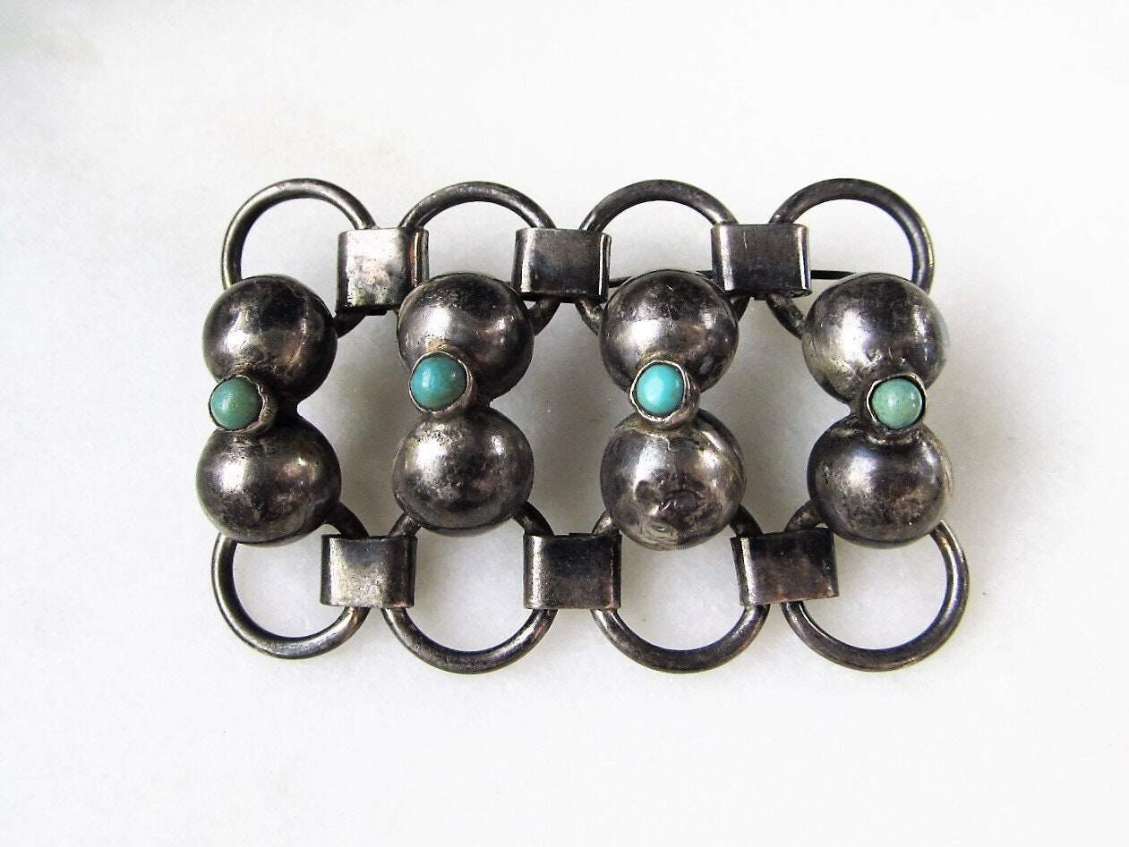 Vintage Mexico Silver Turquoise Handmade Brooch ETC6802