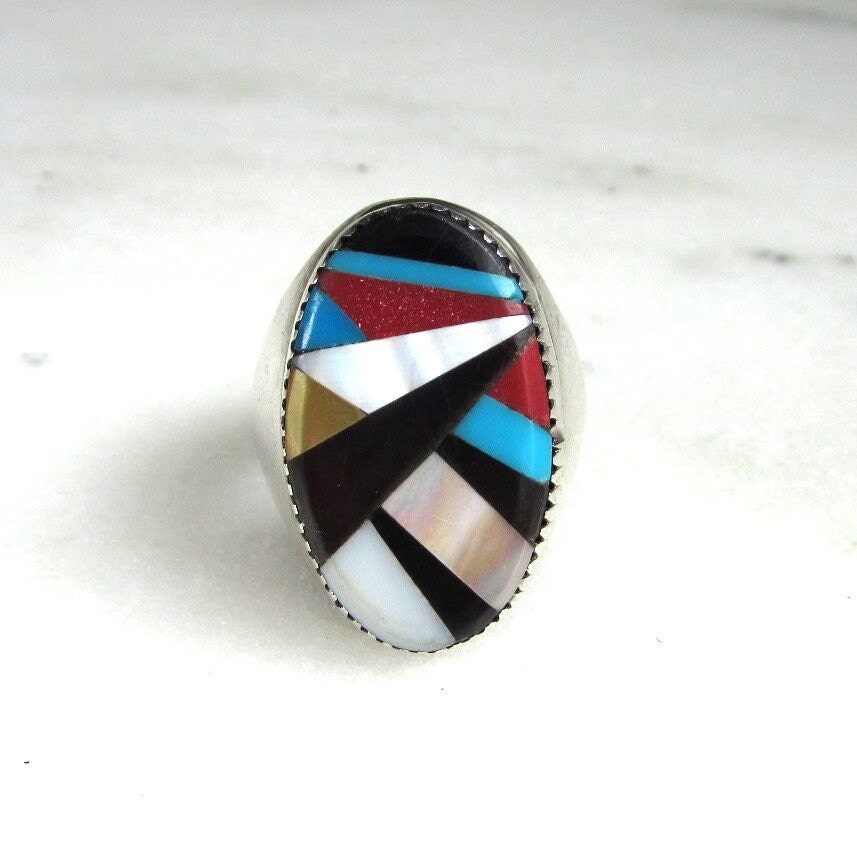 Vintage Zuni Multi Stone Inlay Sterling Silver Mens Ring ETC9325