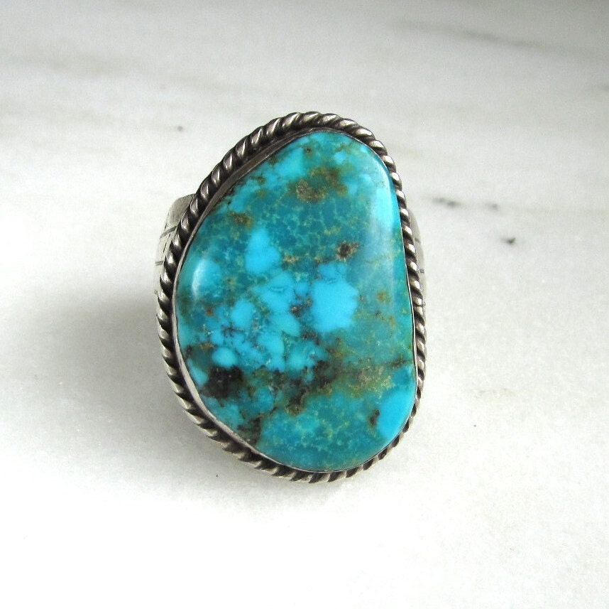 Vintage Old Pawn Navajo Sterling Silver Mens Large Turquoise Ring ETC9326