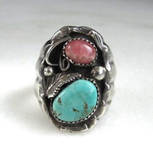 Vintage Navajo Turquoise Coral Sterling Silver Signed Ring ETC9321