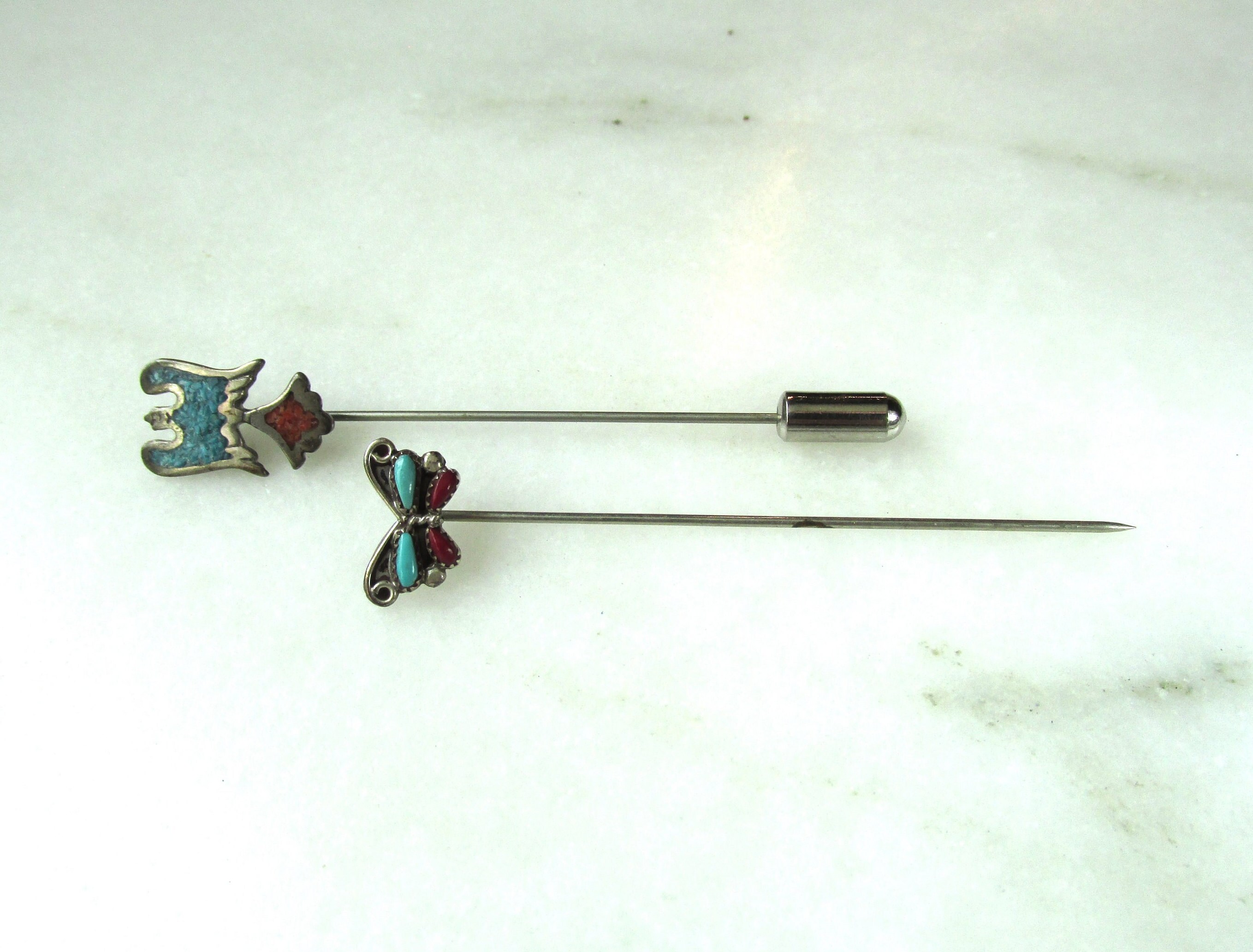 Antique Native American Bird & Butterfly Turquoise Stick Pins Lot of 2 ETC9758