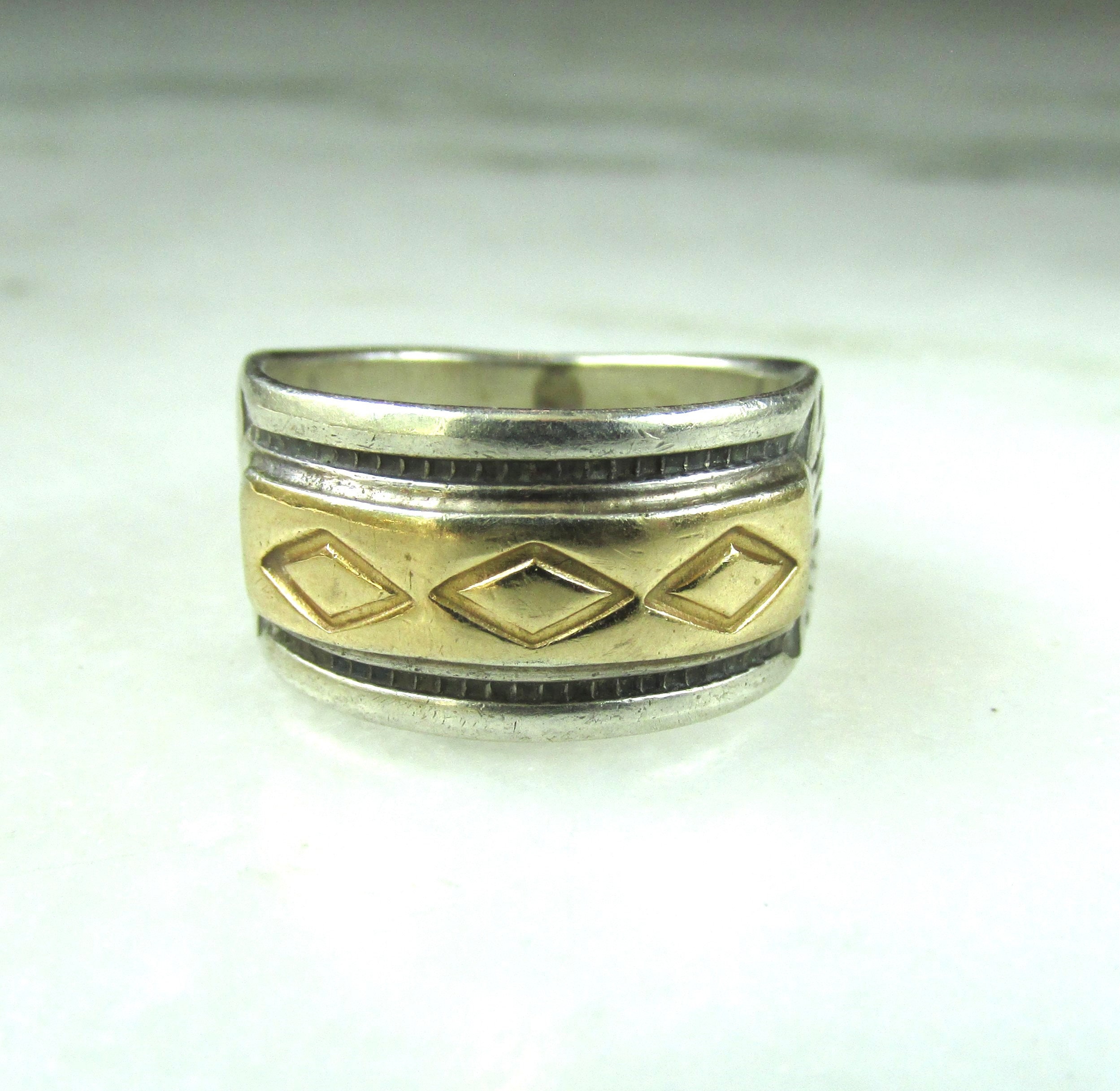 Vintage Native American Signed 14K & 925 Sterling Silver Band Ring w/ Raincloud Hallmark ETC9824