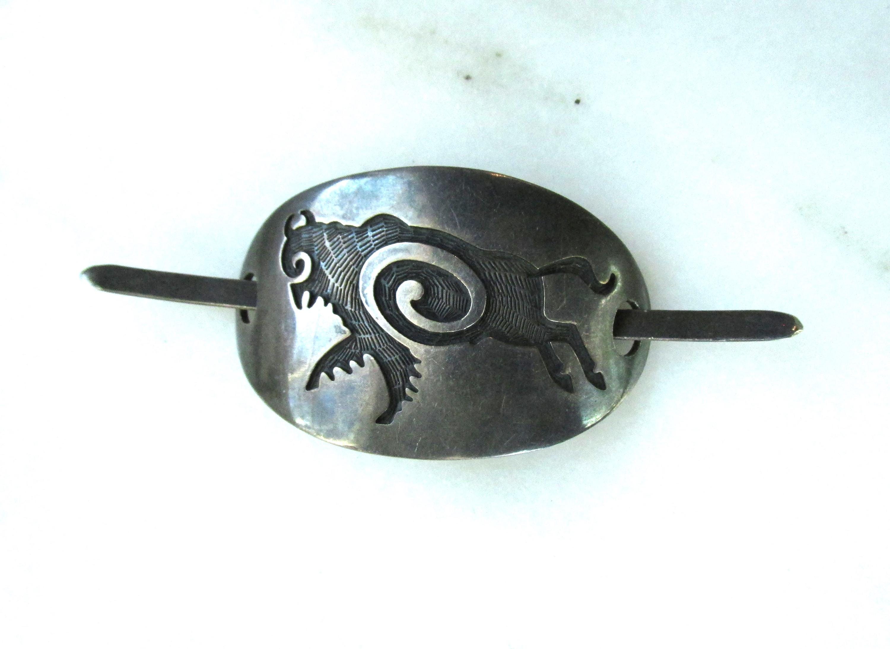 Vintage Sterling Silver Hopi Signed Bison Engraved Hair Pin ETC10202
