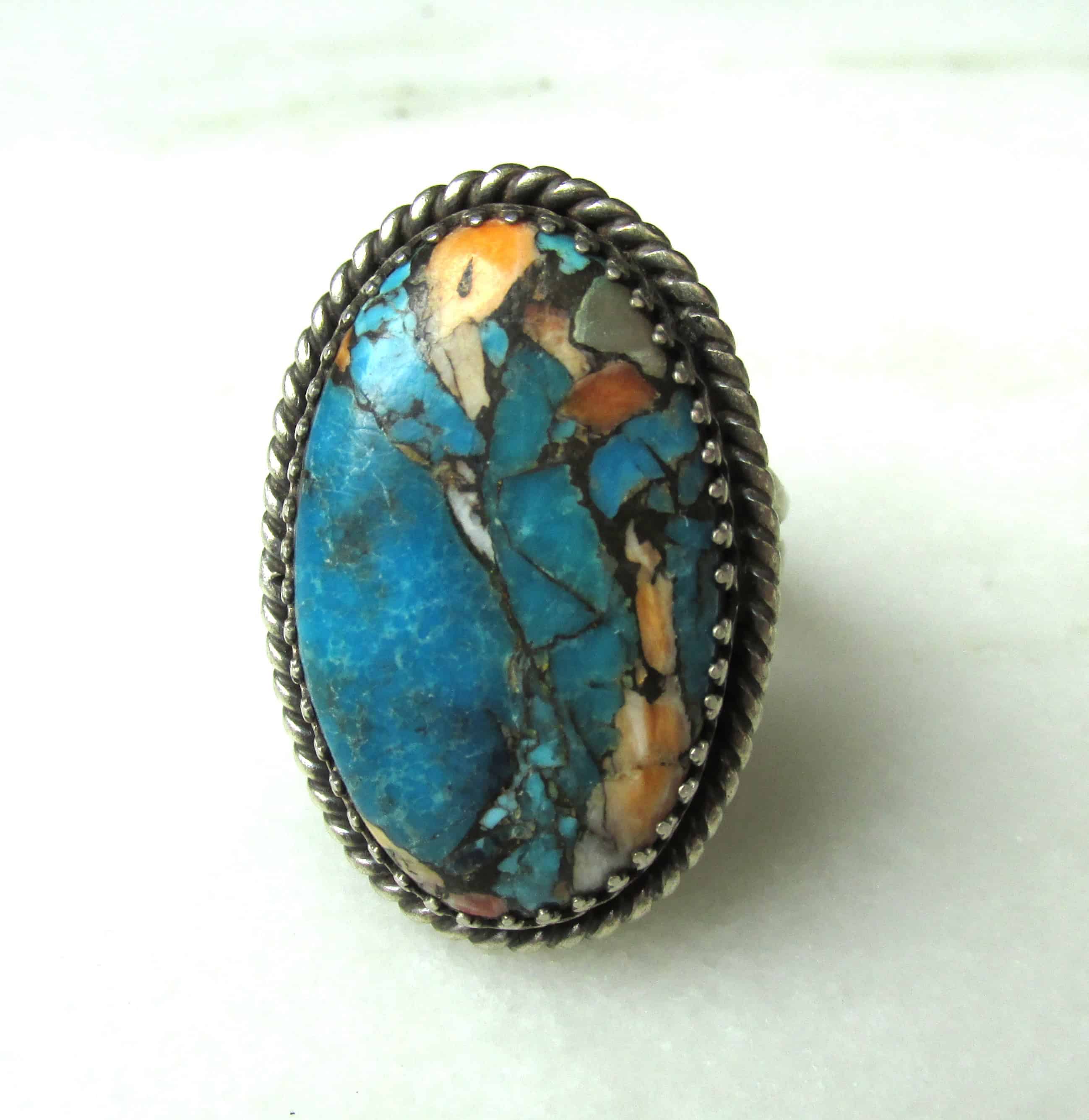 Vintage Navajo RLH Signed Boulder Turquoise Sterling Silver Ring Adjustable ETC10424