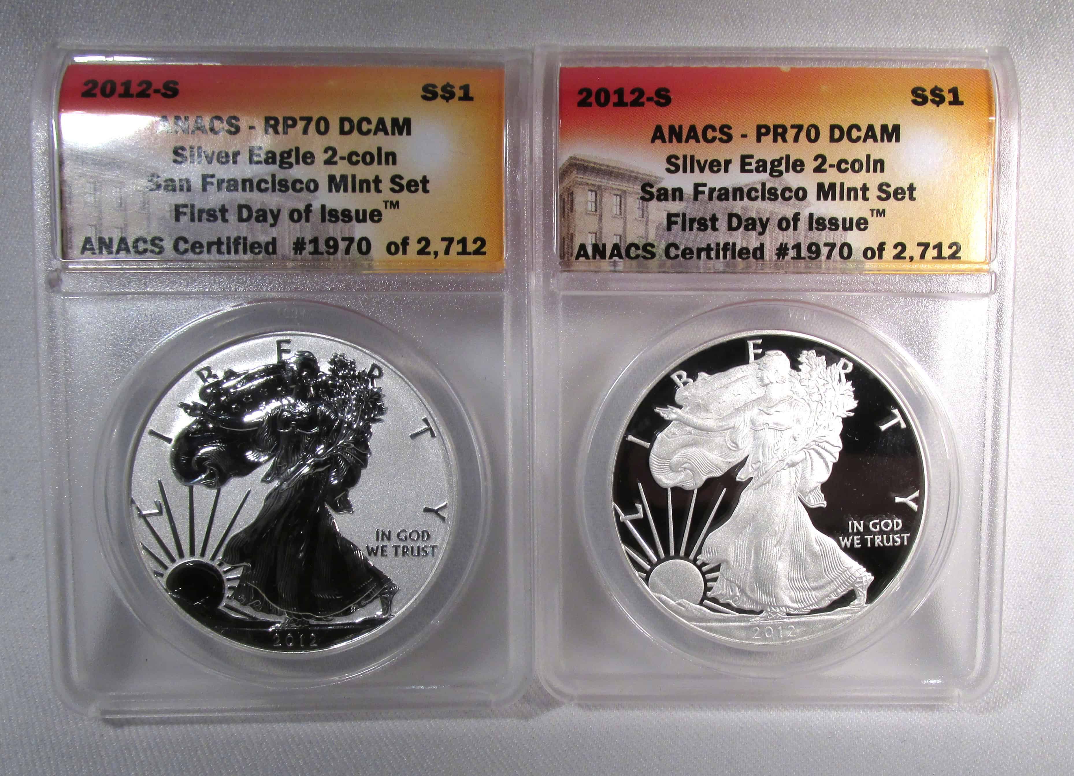 2012-S American Silver Eagle 2 Coin Set Proof/Reverse Proof ANACS PR70 DCAM & RP70 DCAM AS131