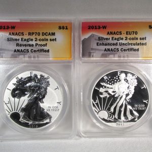 2013-W Silver Eagles 2 Coin Set Enhanced & Reverse Proof ANACS EU70 RP70 DCAM AS140