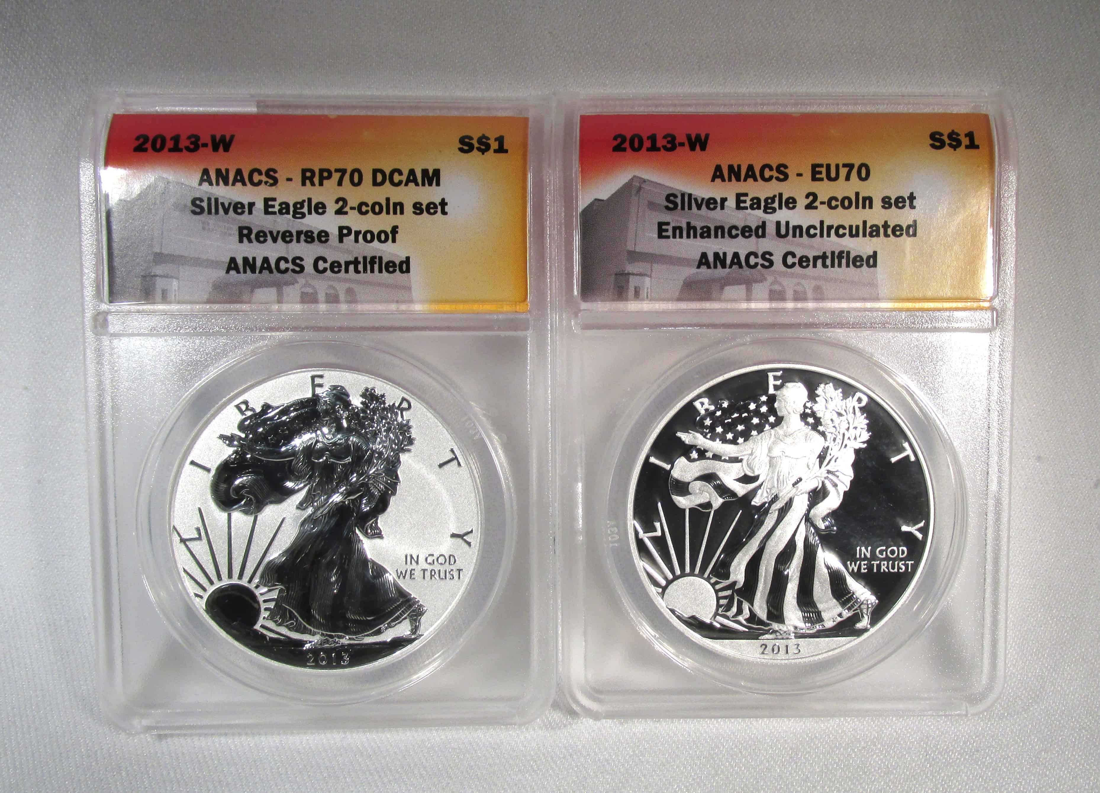 2013-W Silver Eagles 2 Coin Set Enhanced & Reverse Proof ANACS EU70 RP70 DCAM AS140