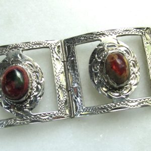 Vintage Taxco Sterling Silver Raw Opal Cabochon Engraved Panel Bracelet ETC10594