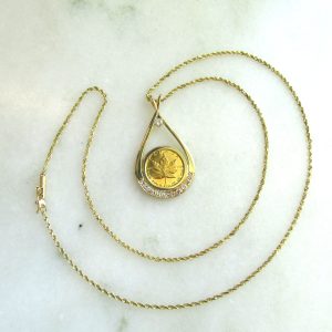 14K Diamond 1/10oz Gold Maple Leaf Pendant Necklace ETC10641