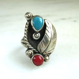 Vintage Native American Sterling Silver Turquoise & Coral Ring ETC10728