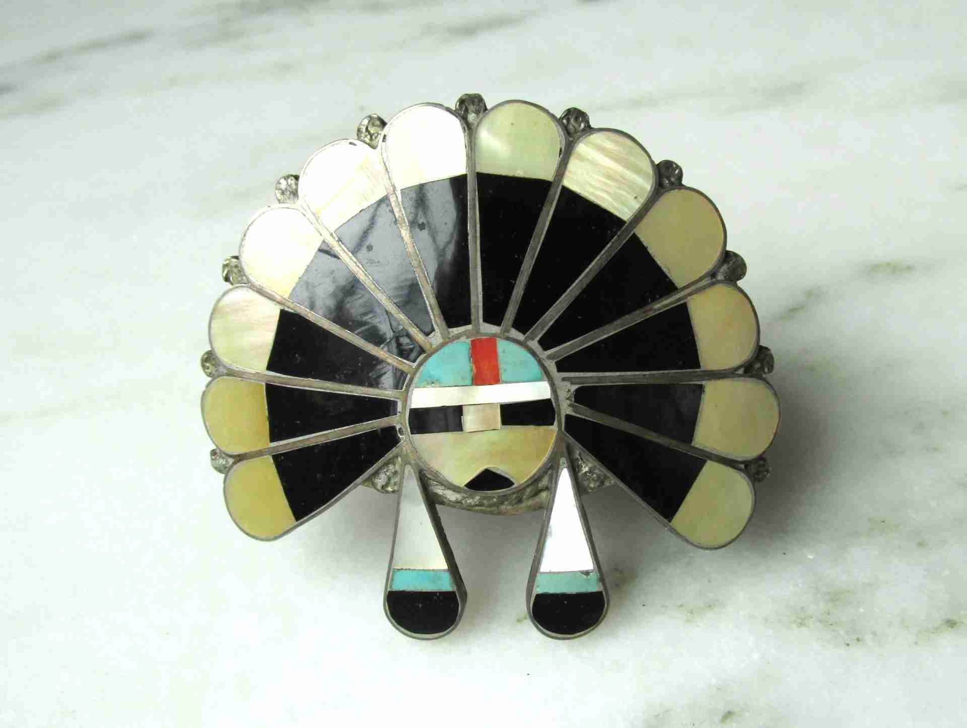 Vintage Zuni Headdress Sterling Silver Inlay Cuff Bracelet ETC11061