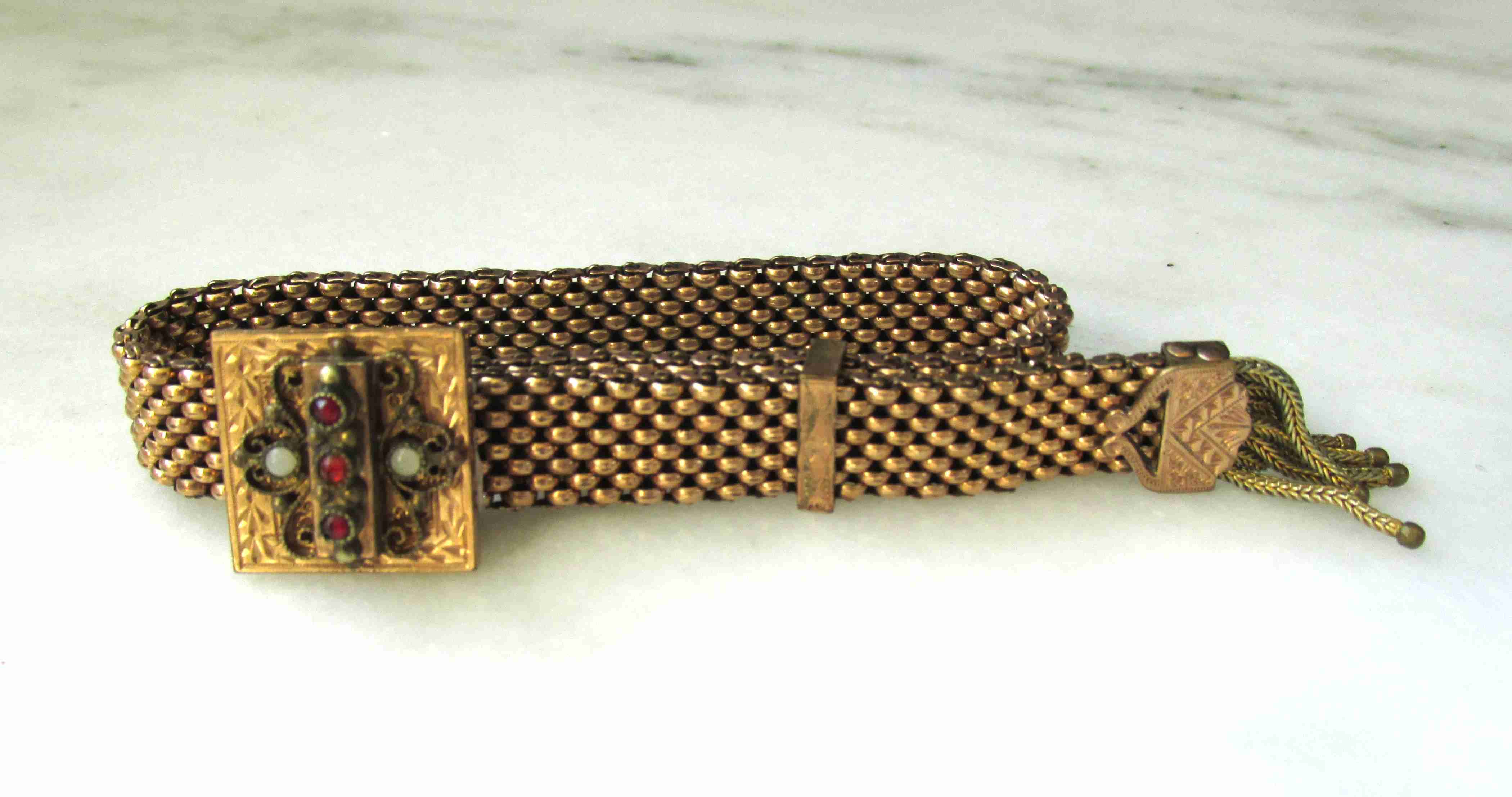 Antique Victorian Gold Filled Metal Mesh Slide Bracelet w/ Stones ETC11083