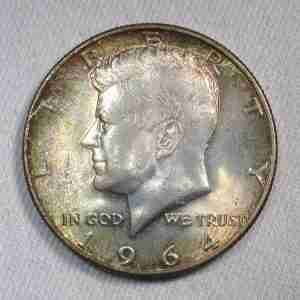 1964-D Silver Kennedy Half Dollar VCH UNC Mint Set Toning AT604