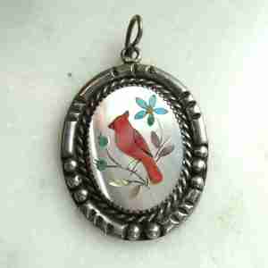Vintage Native American Cardinal Bird Multi Stone Inlay Sterling Silver Pendant Mary R Smith ETC11119