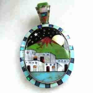 Multi Stone Inlay Southwest Adobe Home Volcano Starry Sky Necklace Pendant ETC11121