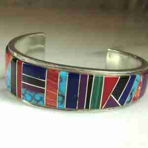 Vintage Native American Multi Stone Inlay Sterling Silver Cuff Bracelet ETC11124