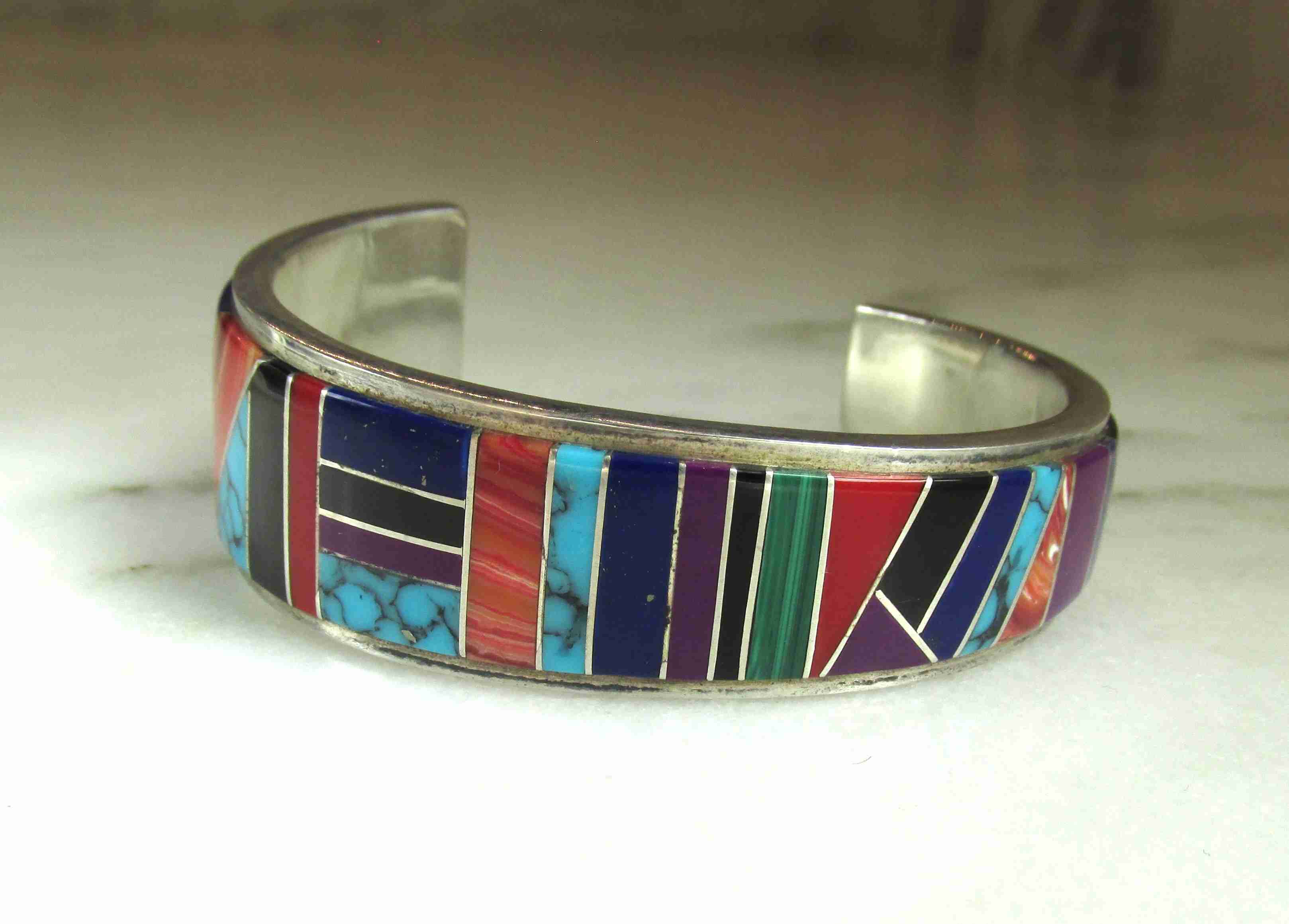 Vintage Native American Multi Stone Inlay Sterling Silver Cuff Bracelet ETC11124