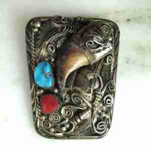 Vintage Native American Sterling Silver Turquoise Coral Bolo Tie Clip ETC11125
