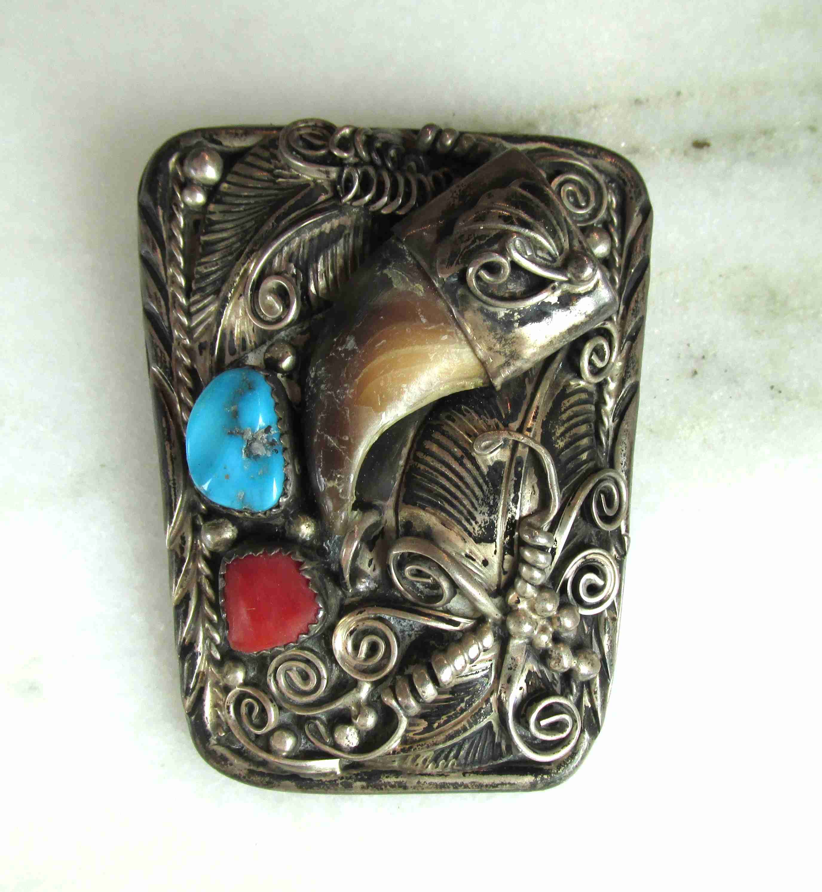 Vintage Native American Sterling Silver Turquoise Coral Bolo Tie Clip ETC11125