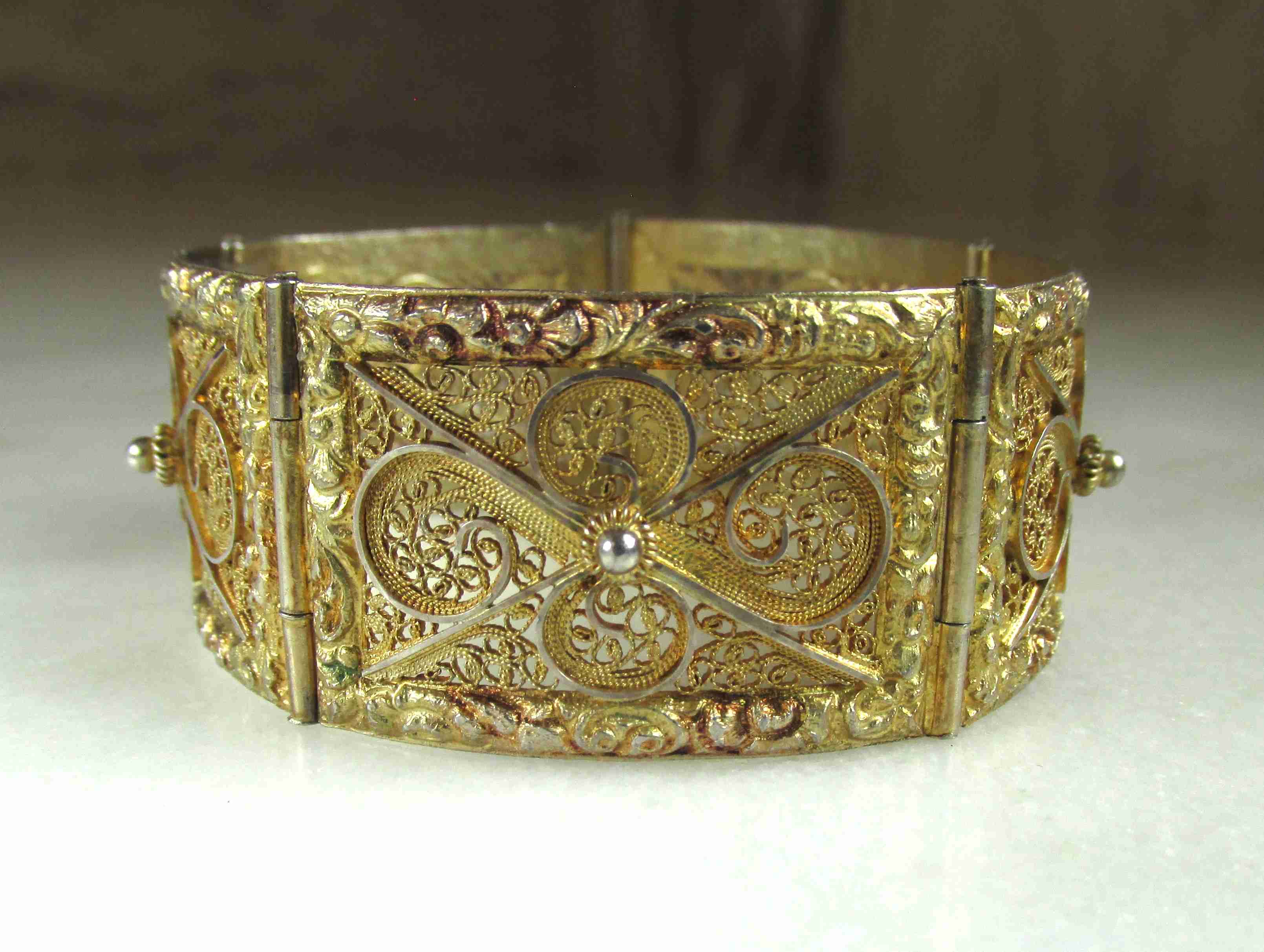 Vintage Topazio Portugal Filigree Gold-Plated Sterling Panel Bracelet ETC11129