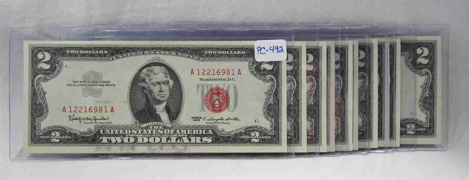 10 Consecutive 1963 $2 Red Seal Notes Offset Printing Error CU PC-492